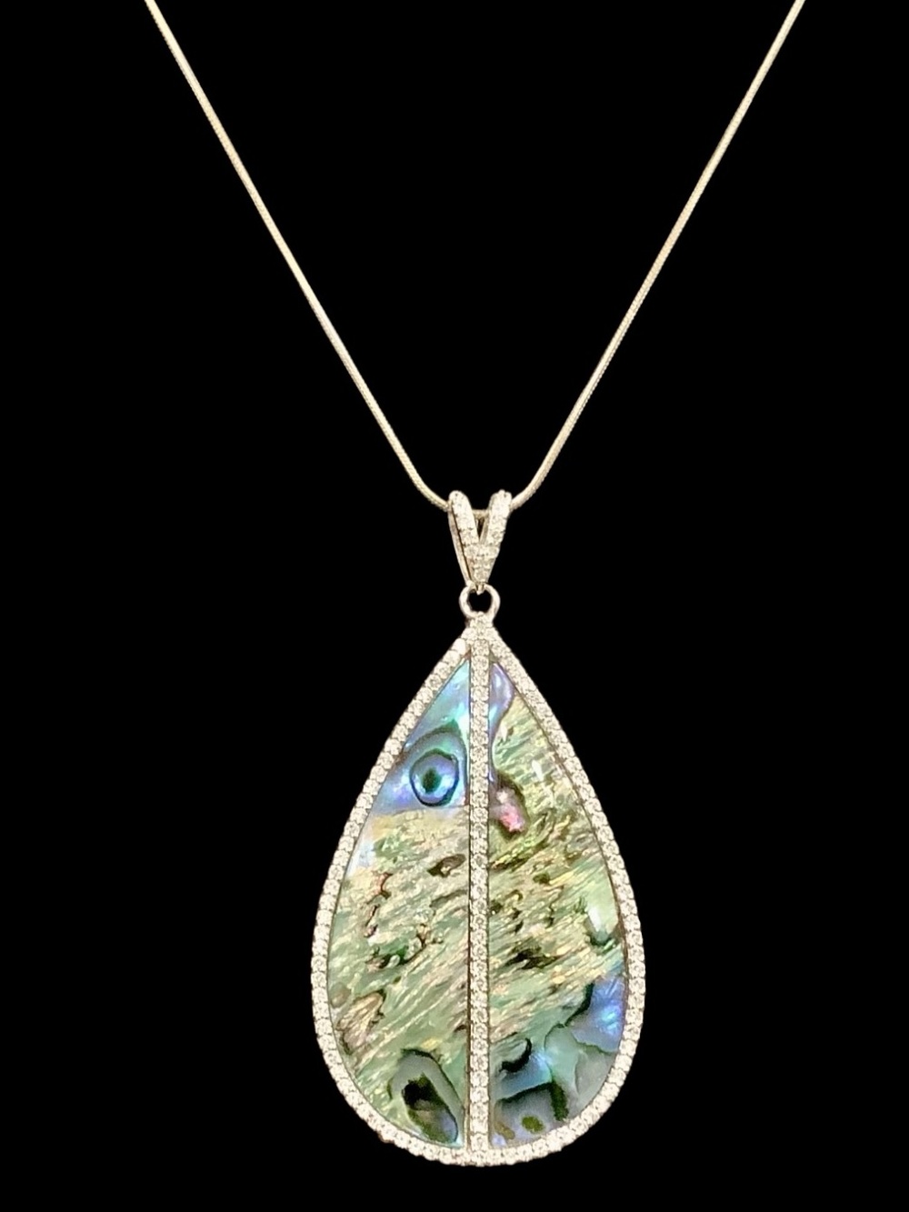 925 Sterling Silver Abalone Teardrop Pendant Necklace with CZ accents. NWT